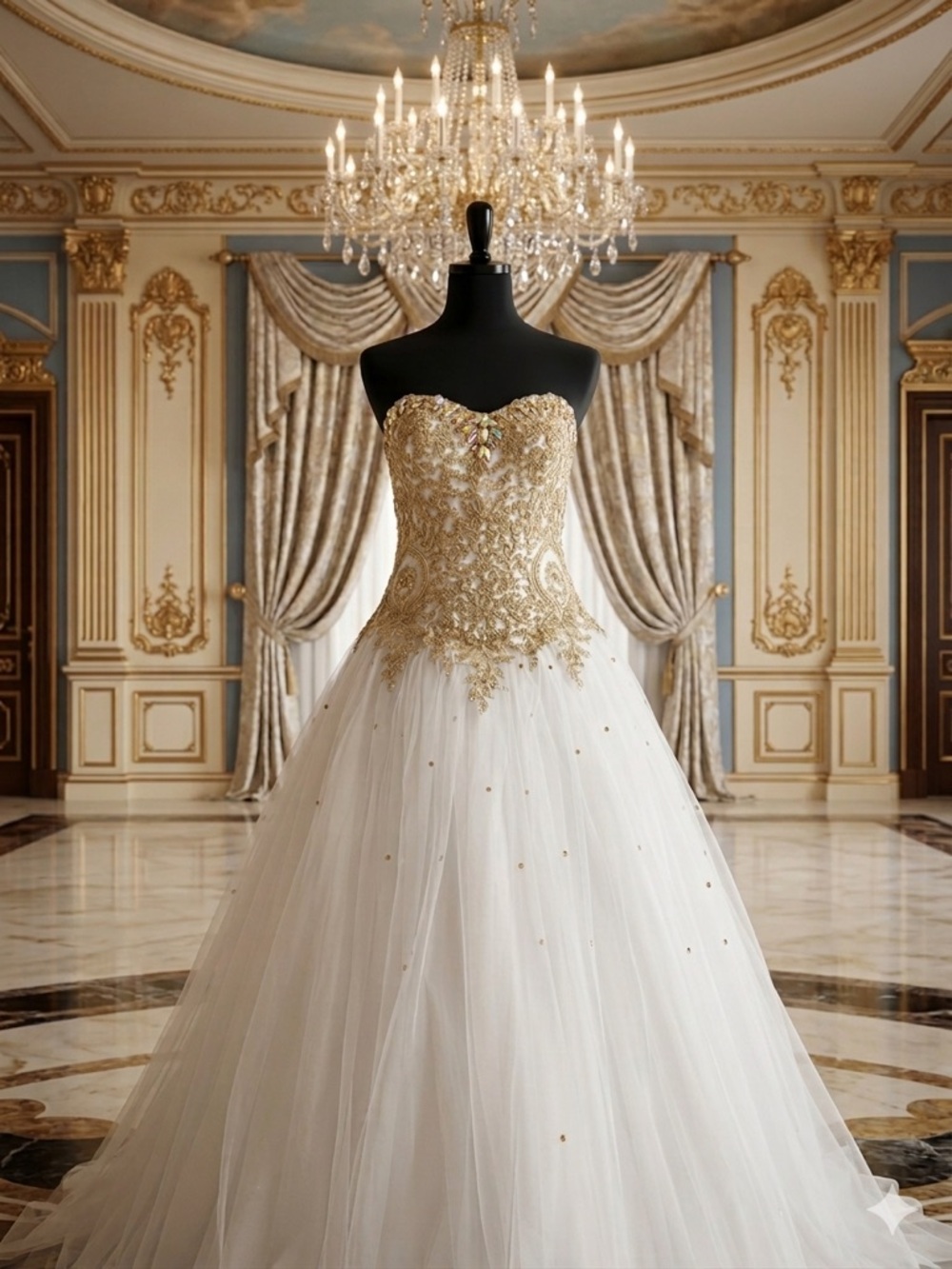 White Gold Strapless Dress with Tulle Beaded Corset Size 6